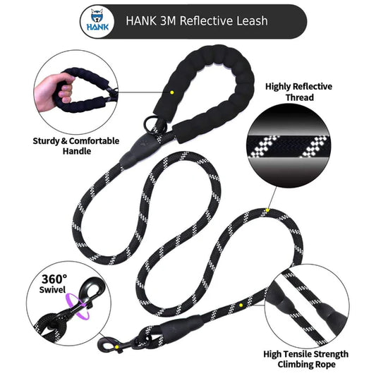 Reflective Heavy Duty 5 Feet Dog Leash with Padded Handle for Safety Reflective Leash with features highlighted on a white background