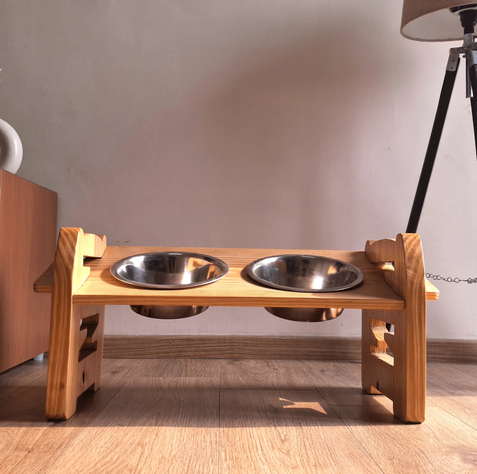 RegalWood handcrafted adjustable wooden dog feeder with stainless steel bowls