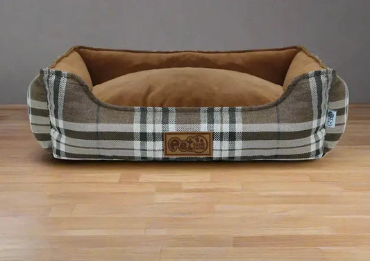 Premium quality checkered pet bed for dogs and cats, made with breathable linen fabric. Cozy and comfortable nest for small and medium-sized pets. Color Brown