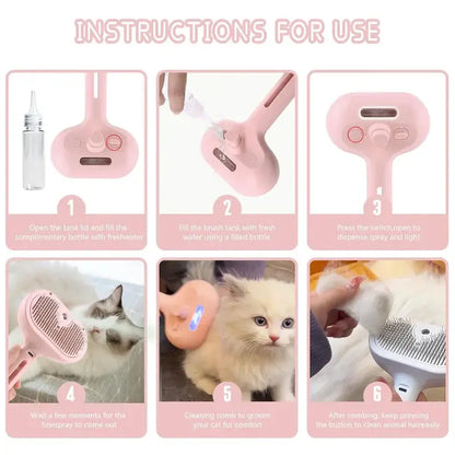 Hydro Brush - Spray Pet Comb for Dogs and Cats with integrated water spray, USB charging, and ergonomic design for easy grooming usage images.