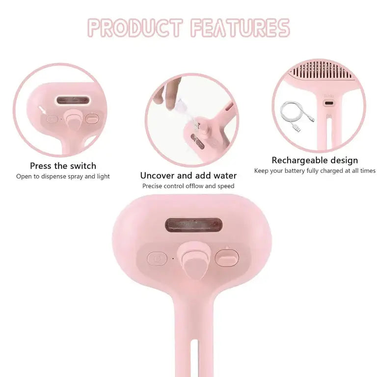 Hydro Brush - Spray Pet Comb for Dogs and Cats with integrated water spray, USB charging, and ergonomic design for easy grooming pink color.
