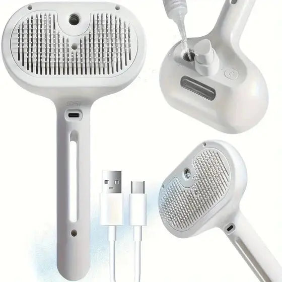 Hydro Brush - Spray Pet Comb for Dogs and Cats with integrated water spray, USB charging, and ergonomic design for easy grooming white color.