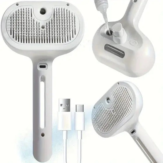 Hydro Brush - Spray Pet Comb for Dogs and Cats with integrated water spray, USB charging, and ergonomic design for easy grooming white color.