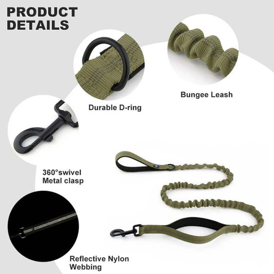 Tactical Bungee Dog Leash with Dual Handles and Shock Absorbing Design