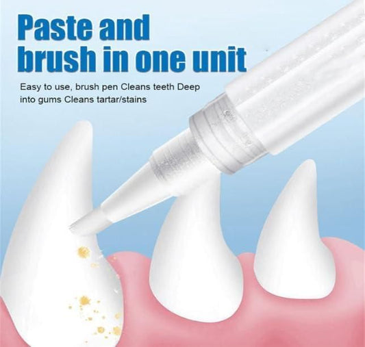 Teeth cleaning tool with text on a blue background