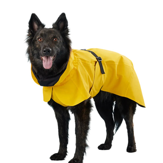 Waterproof Dog Raincoat with Reflective Strips Dog wearing a yellow raincoat on a white background