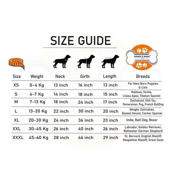 Dog shirt size guide chart for printed shirts for dogs, showing weight, neck, girth, and length measurements from XS to XXXL. Ideal for various breeds.