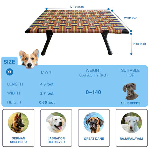 breathable pet bed with dimensions and suitability for different dog breeds displayed.