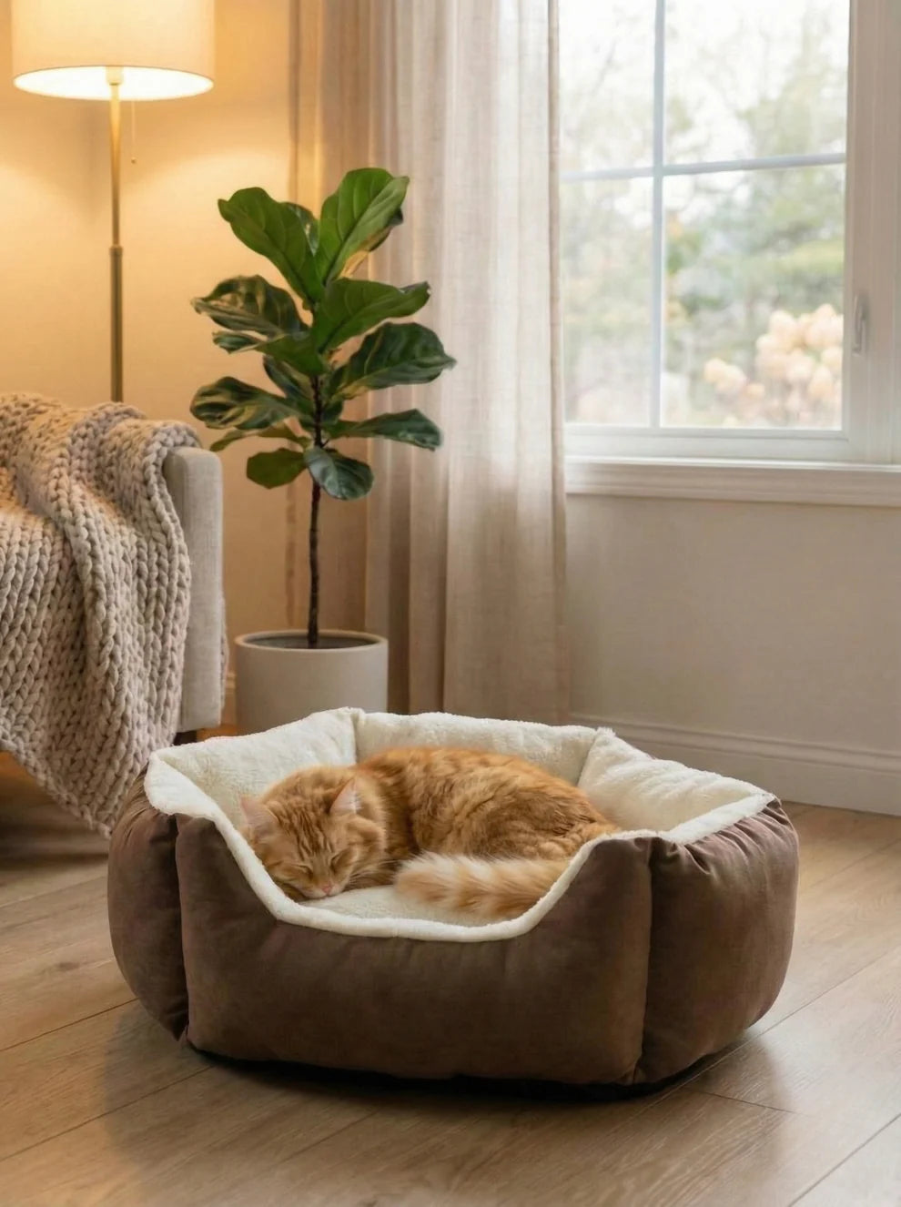 Cat sleeping in luxury orthopedic pet sofa bed