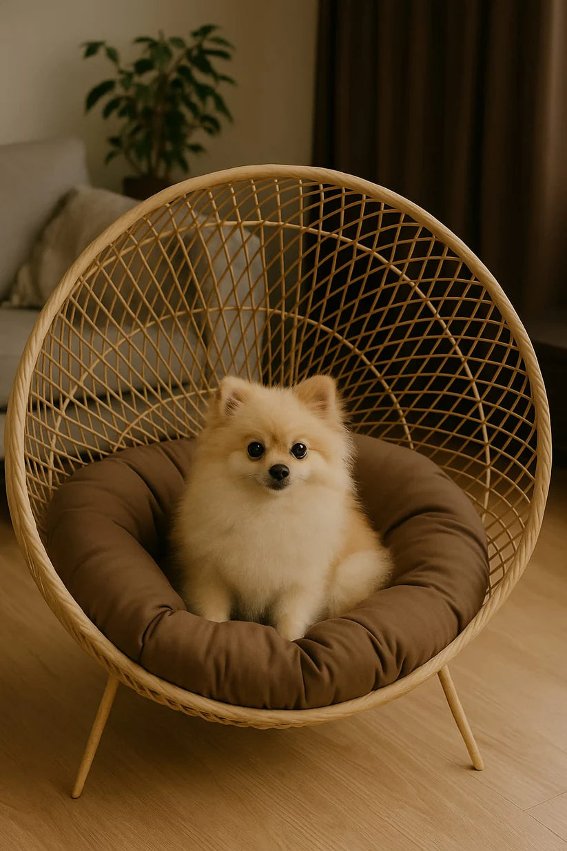 Handmade Wooden Cane Pet Bed with Cushion & Toy – 18x18 for Cats & Small Dogs