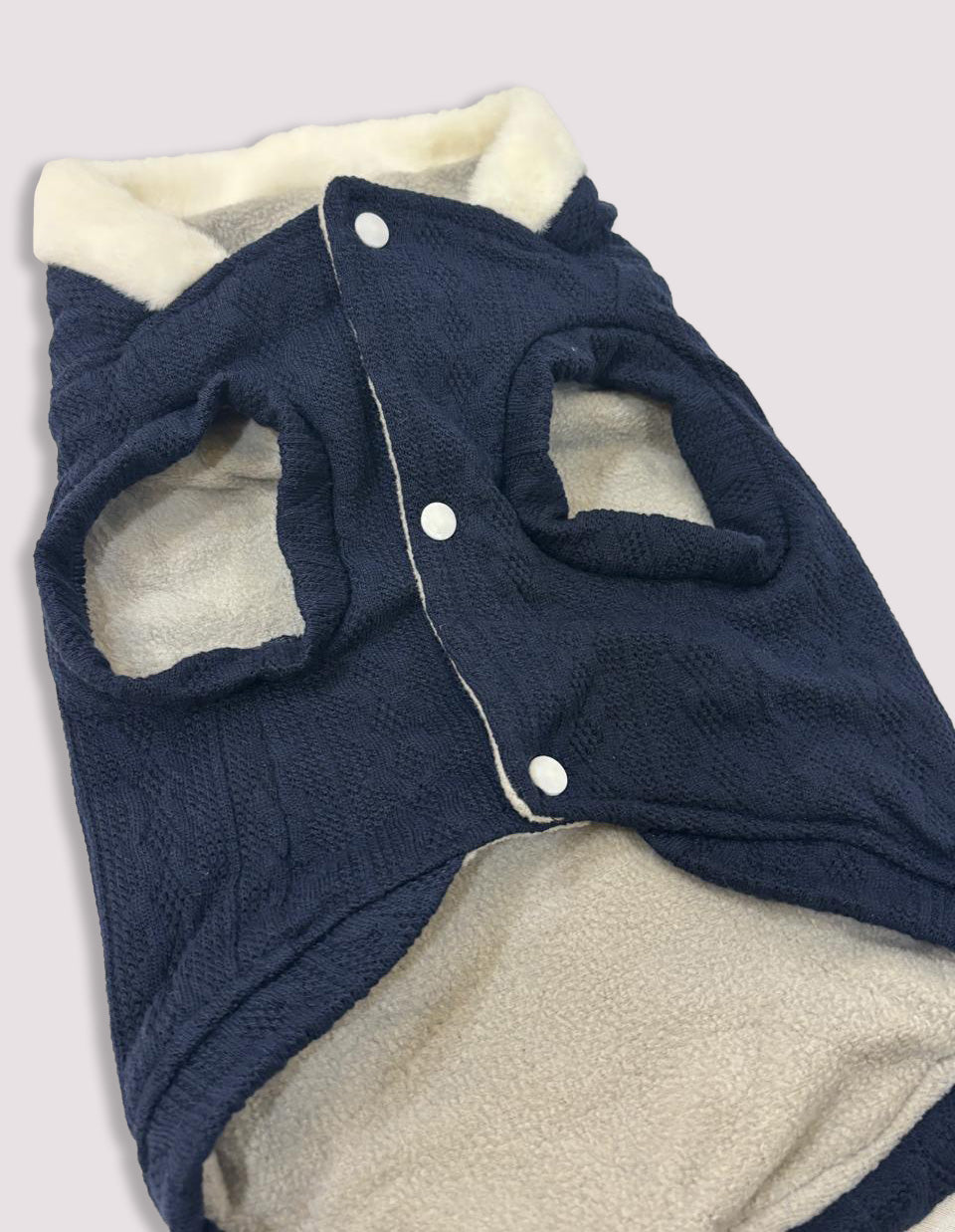 Cozy bow navy blue dog jacket with sherpa lining  