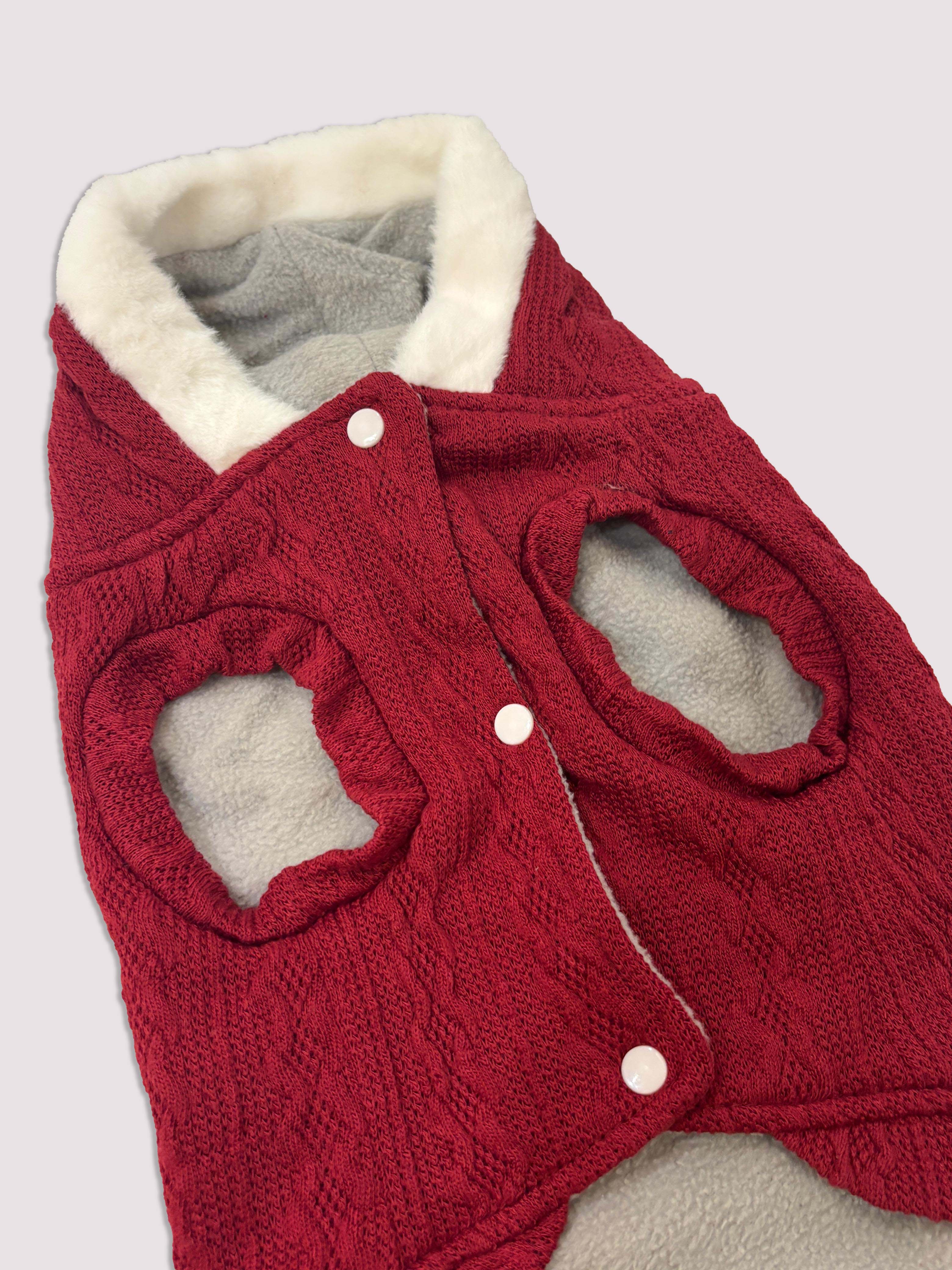 Red cable knit dog sweater with bow design  