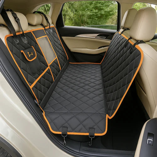 Waterproof Dog Car Seat Cover for Pet Travel Car seat cover with orange accents installed in a vehicle