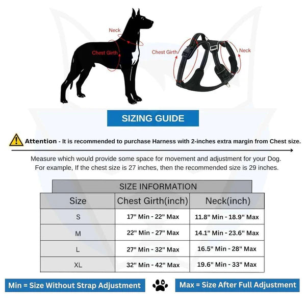 Dog harness sizing guide with measurements and a diagram of a dog wearing a harness.