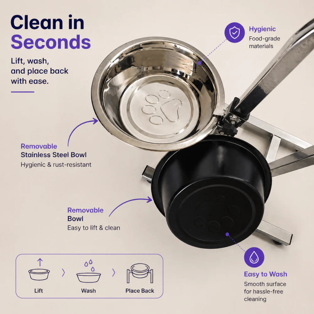Stainless steel pet bowl with black base on a light gray background, featuring text about ease of cleaning.
