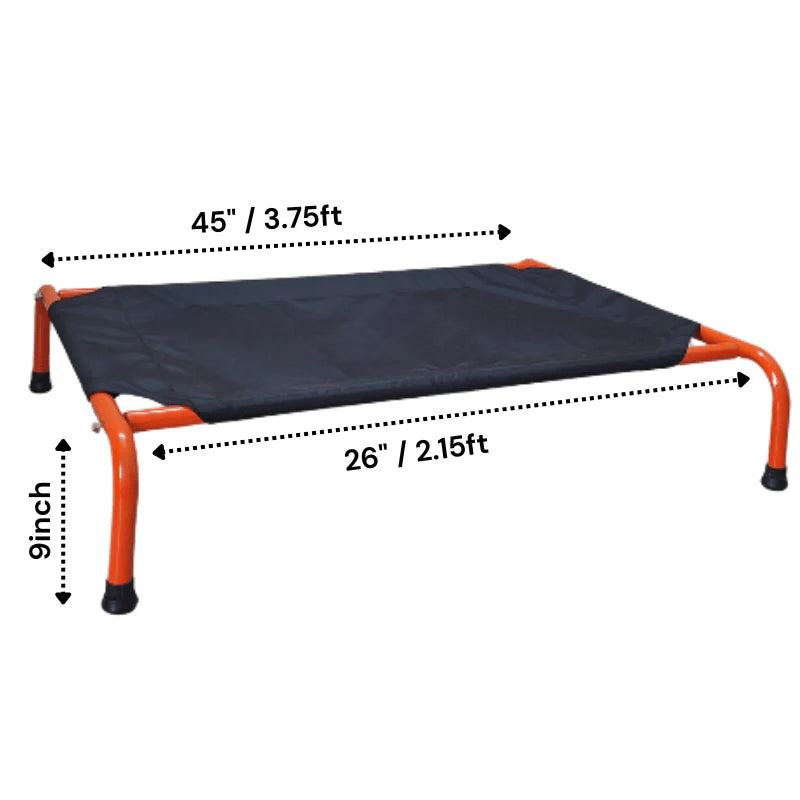 Measurement chart of a pet cot with dimensions labeled