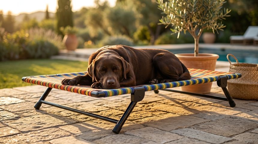 Dog lying on a colorful elevated pet bed in a garden setting