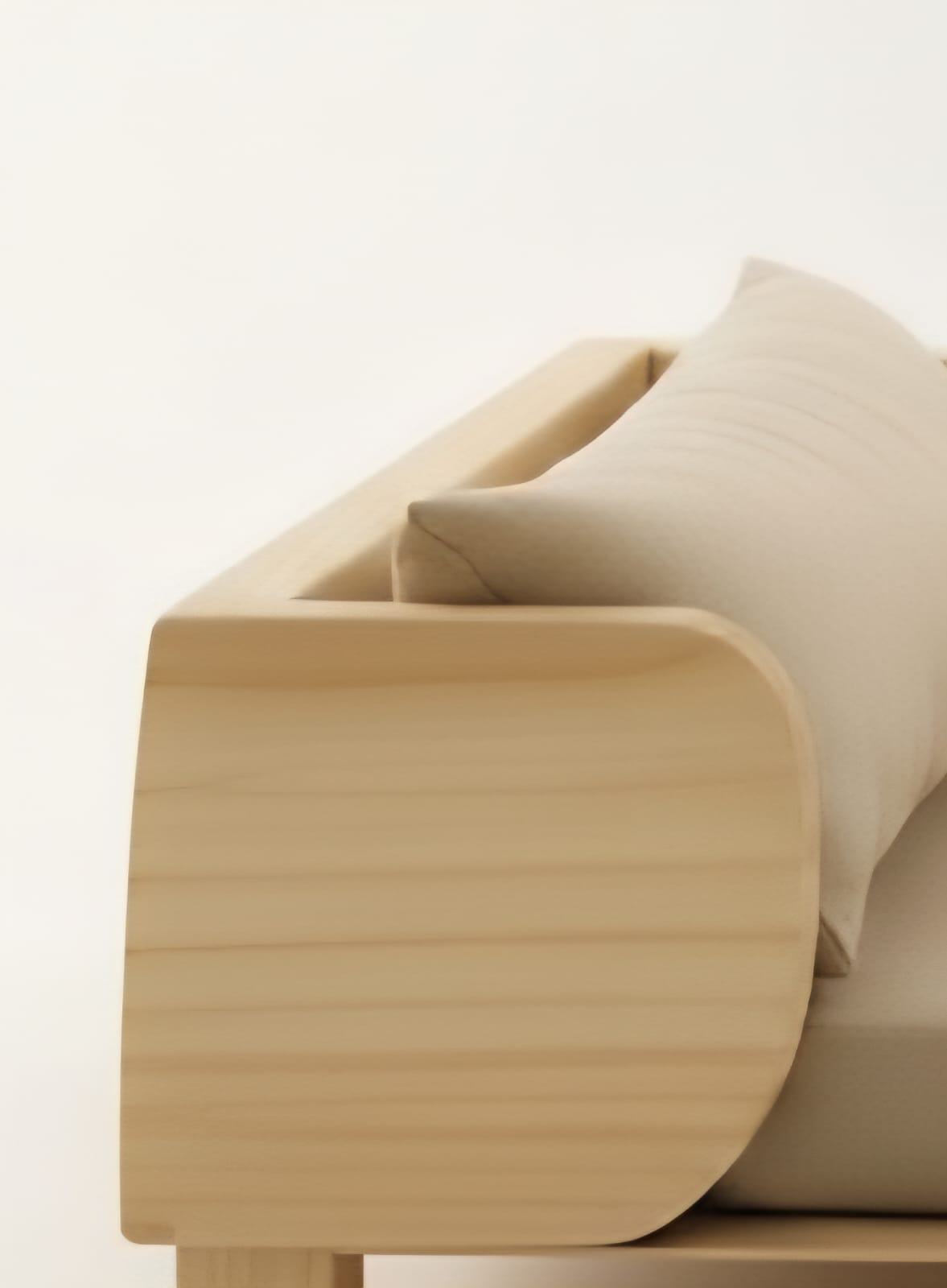 Handcrafted pine wood dog bed with beige cushion