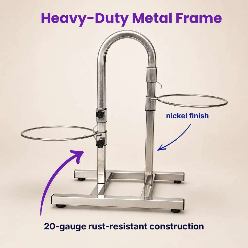 Heavy-duty metal frame with nickel finish and 20-gauge rust-resistant construction on a beige background.