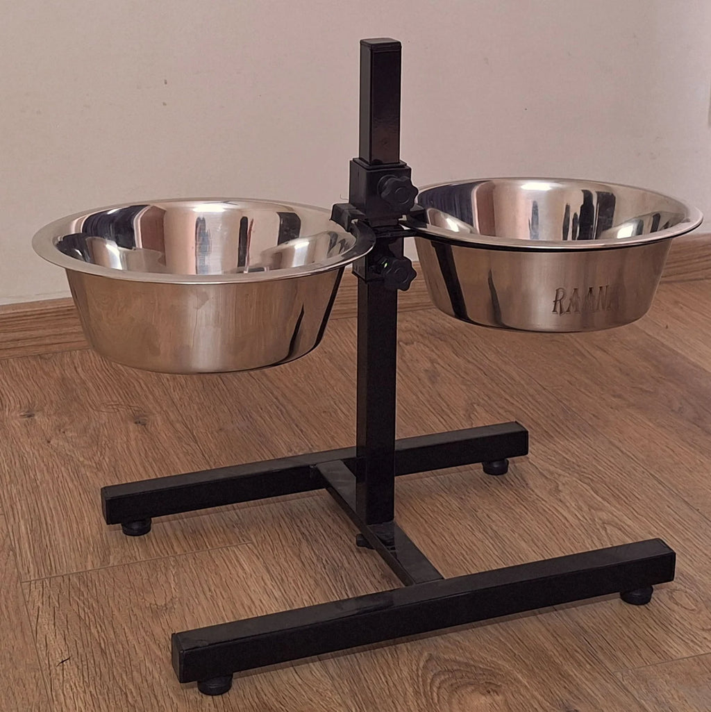 Heavy H adjustable elevated dog feeding stand with stainless steel bowls for large dogs
