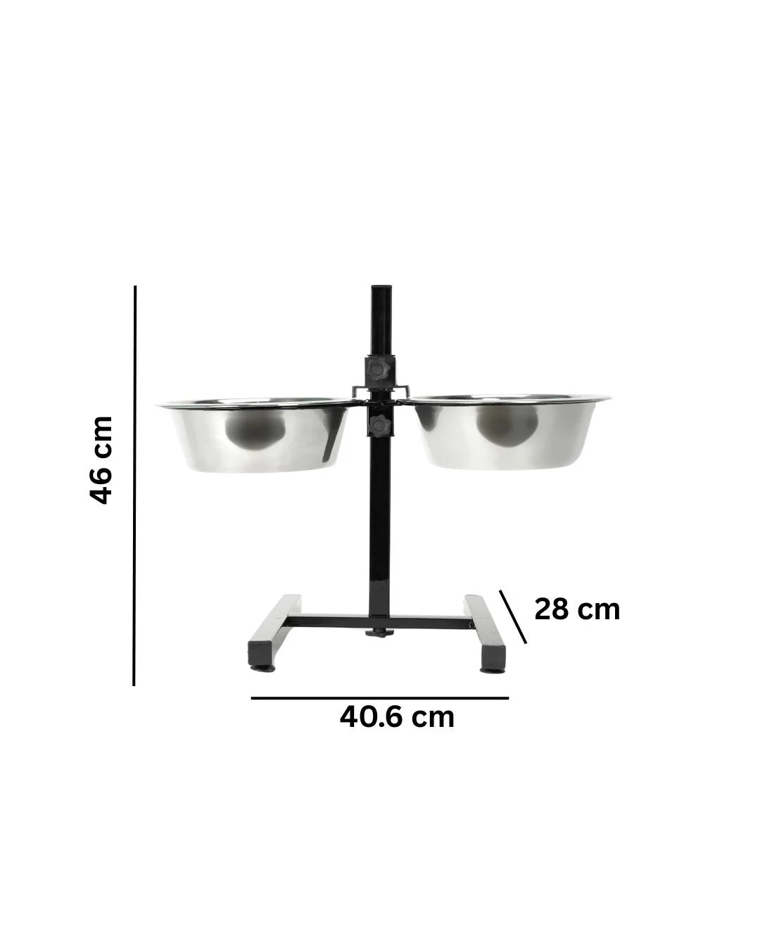heavy duty dog feeding stand Stainless steel double dog bowl feeder with dimensions on a white background