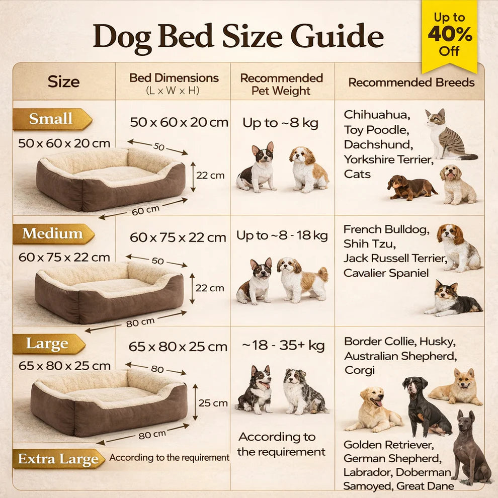 Luxury orthopedic rectangular dog and cat bed with plush fleece and supportive bolsters size guide