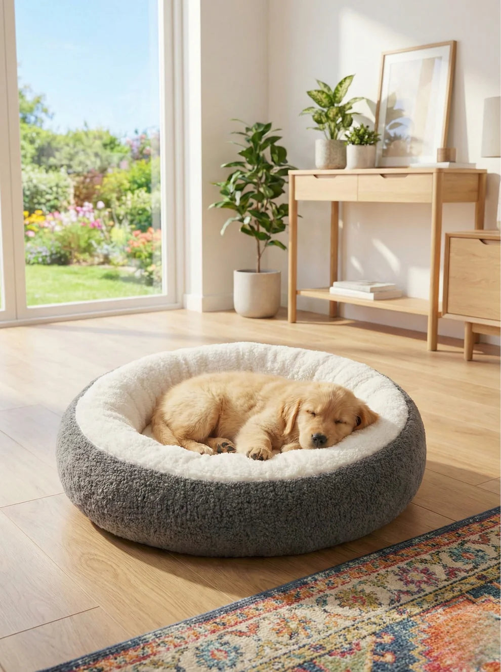 Luxury teddy calming orthopedic dog bed in grey