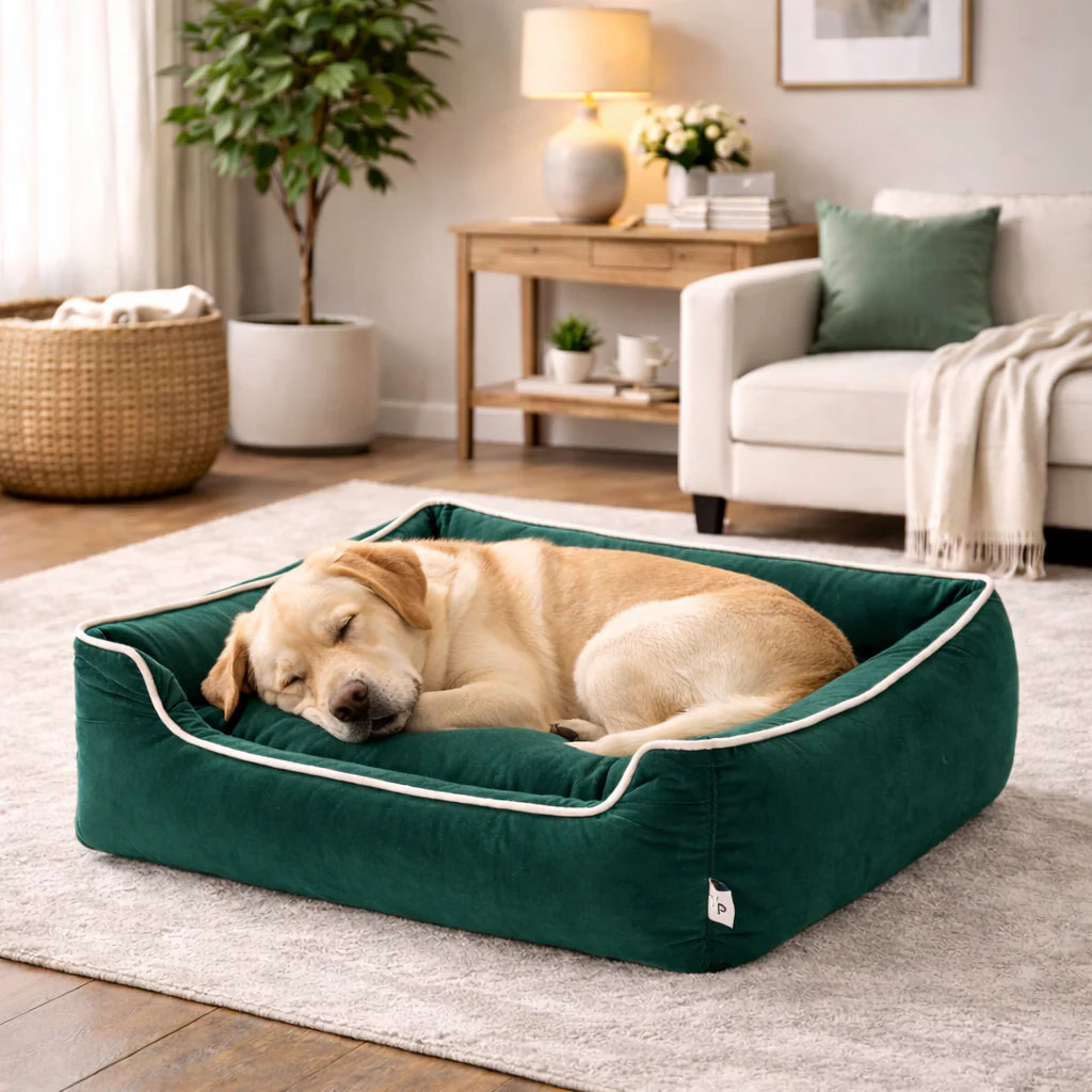 Luxury orthopedic velvet dog bed in emerald green