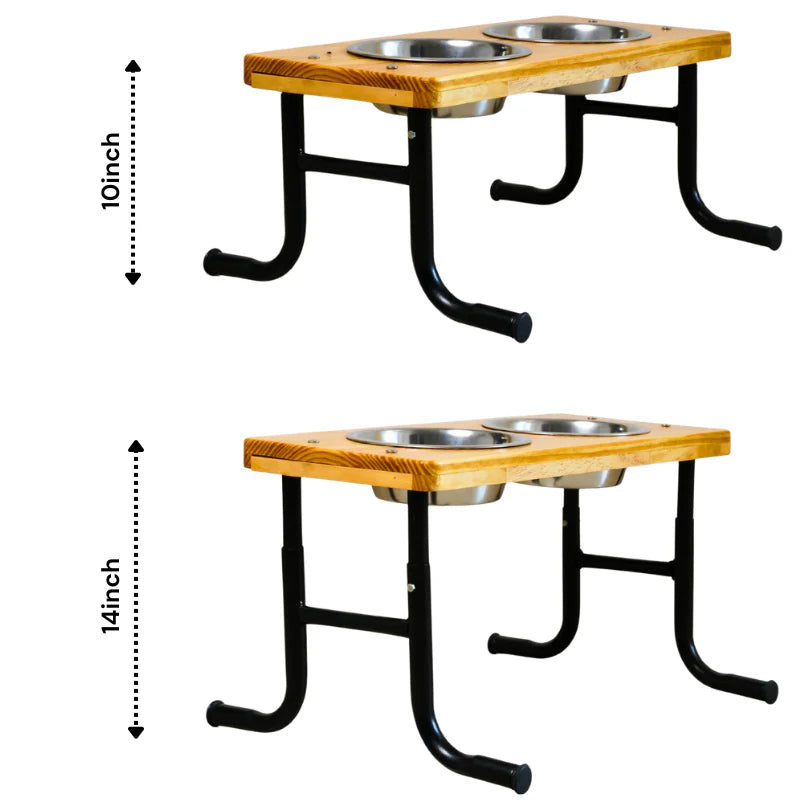 Pet feeding station with two bowls on a wooden platform, showing dimensions mango wood dog feeding stand.