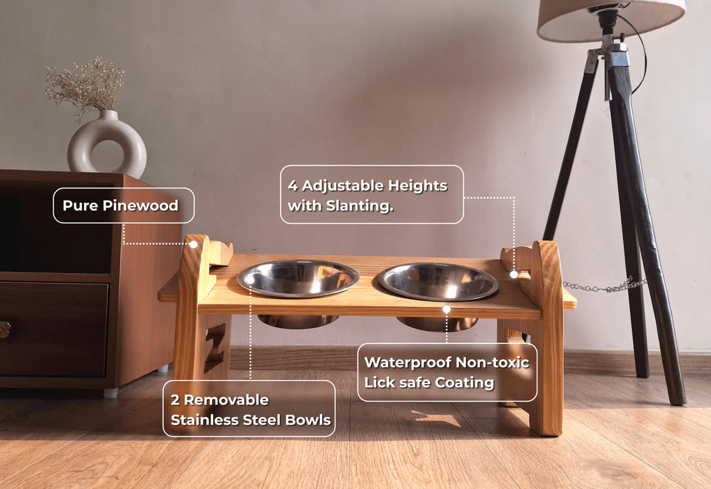 RegalWood handcrafted adjustable wooden dog feeder with stainless steel bowls