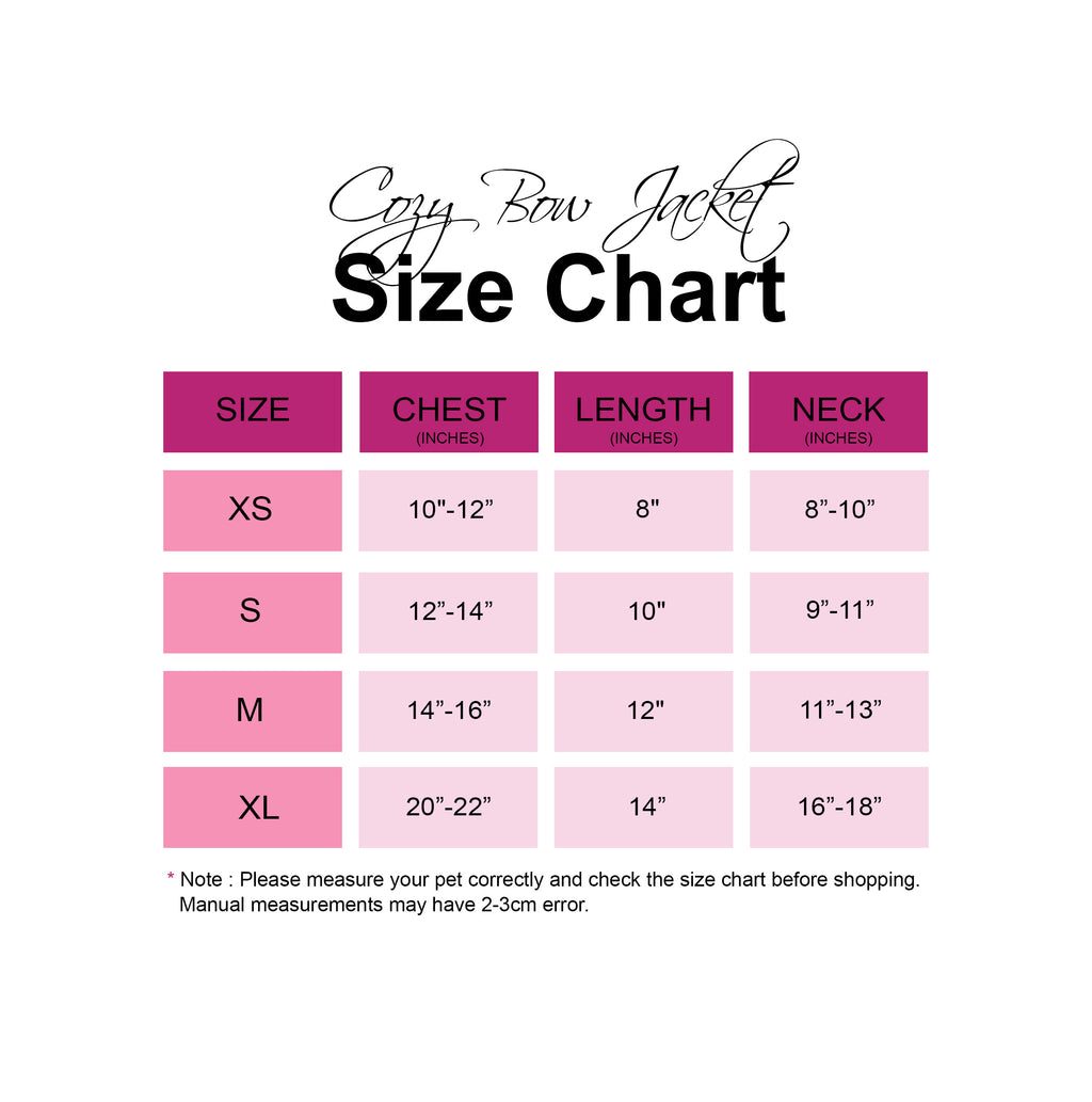 Size chart for Cozy Bow Jacket with measurements in inches.