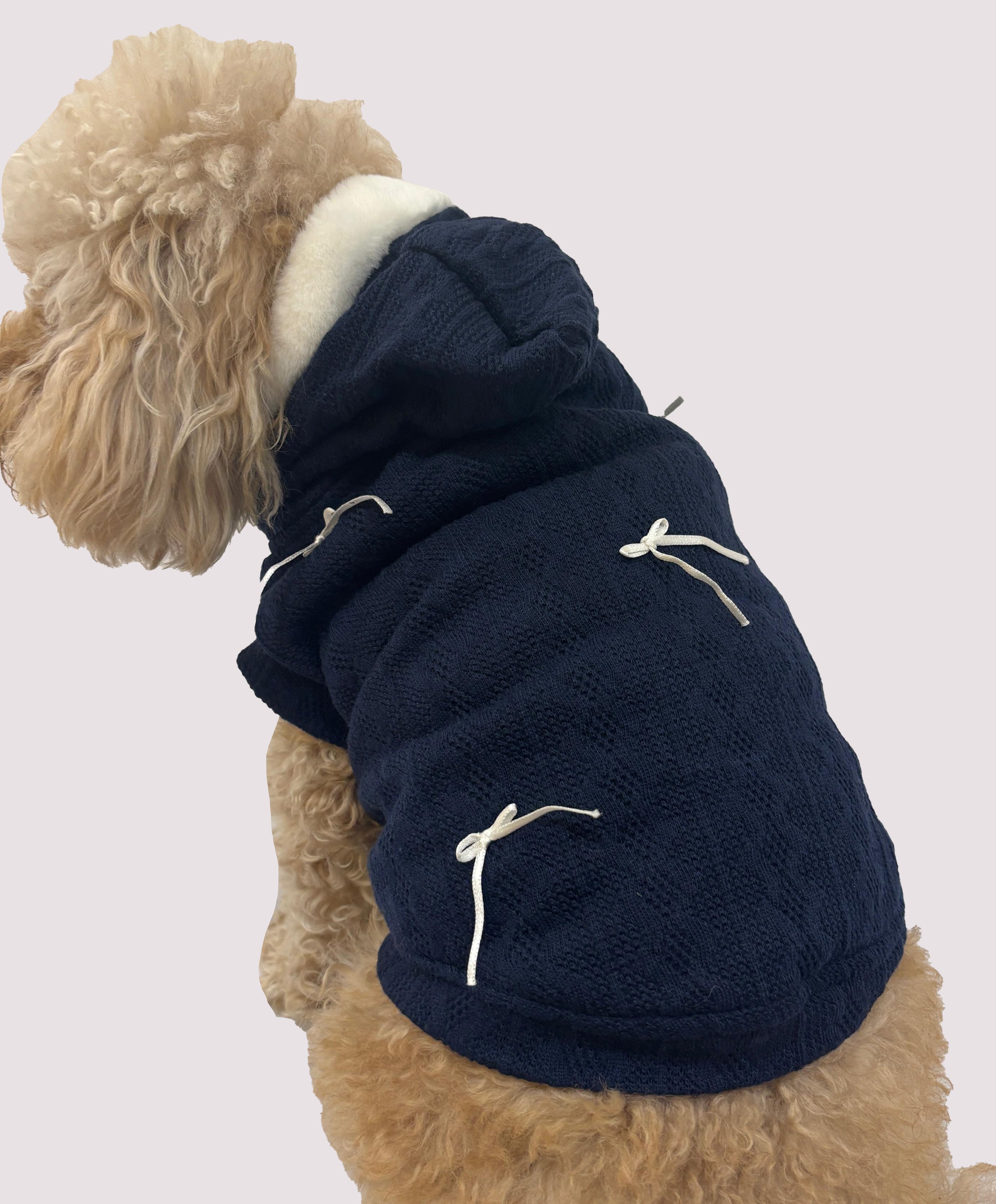 Cozy bow navy blue dog jacket with sherpa lining  